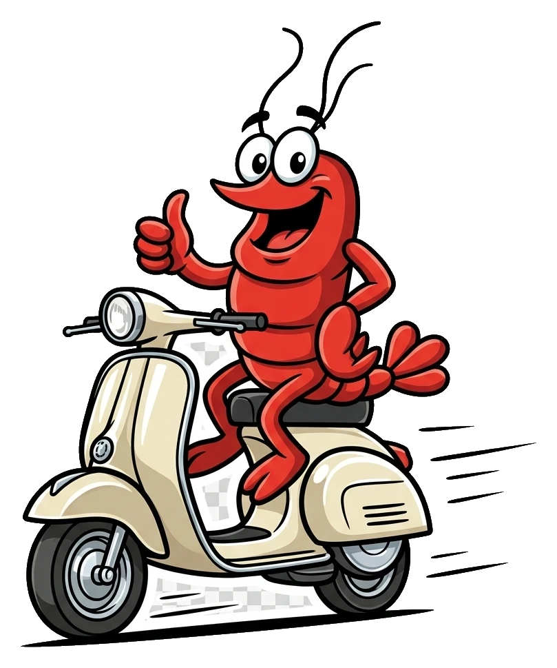 Dave's lobster mascot giving a thumbs-up on a scooter