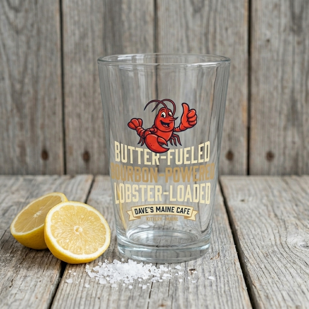 Dave's Maine Cafe 16oz pint glass with lobster logo
