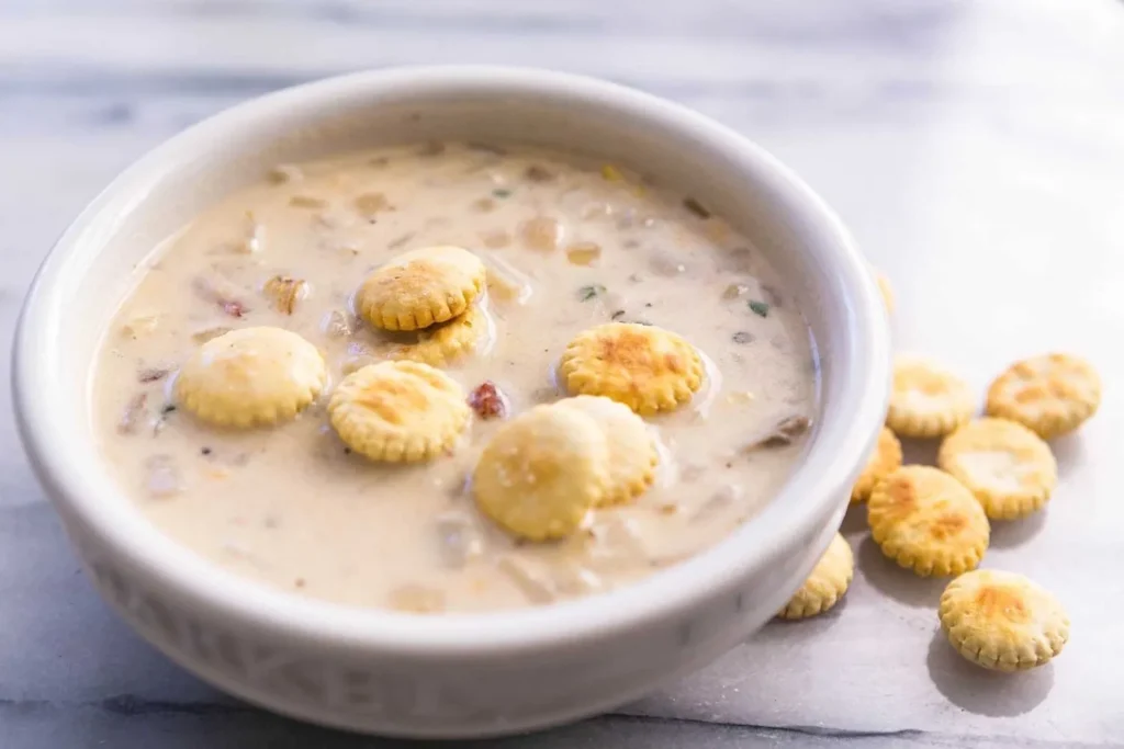 New England clam chowder with oyster crackers