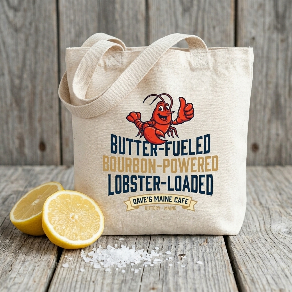 Dave's Maine Cafe canvas tote — cream cotton with lobster mascot and slogan
