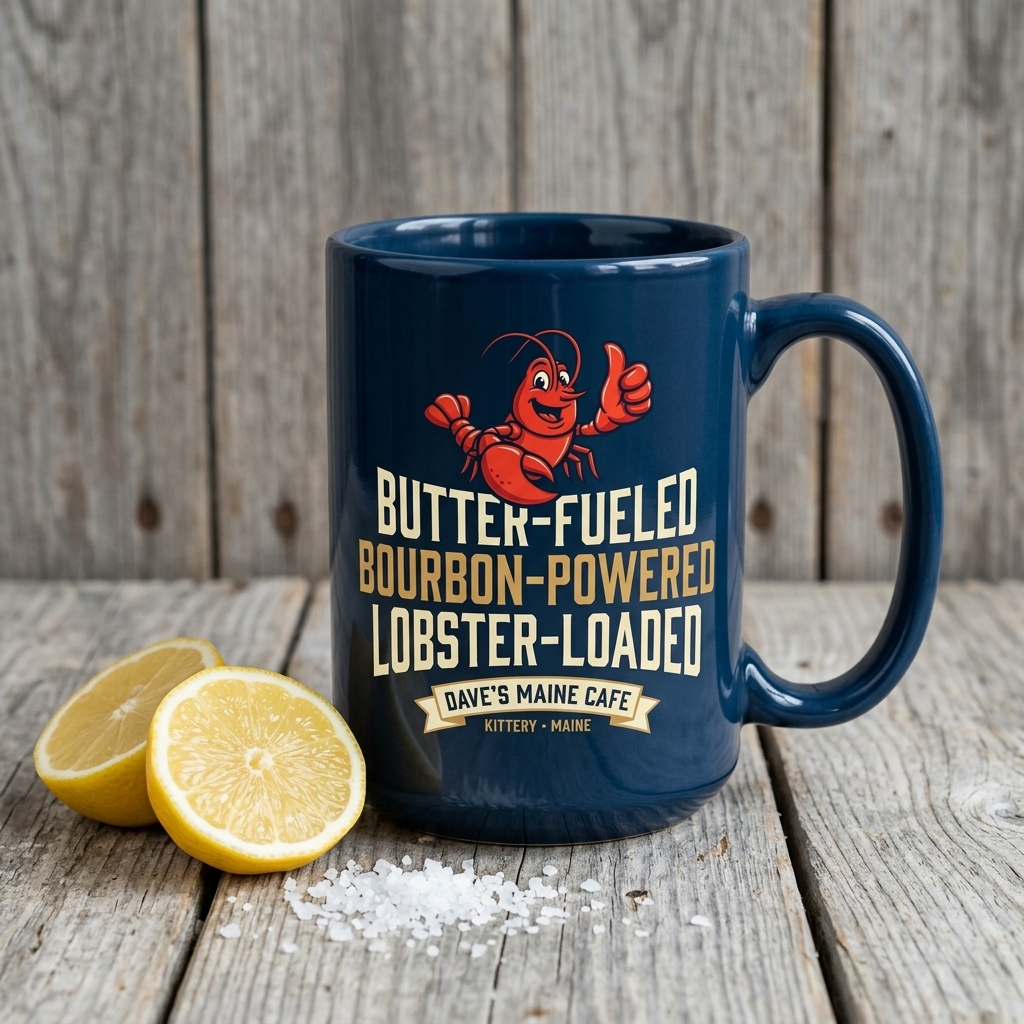 Dave's Maine Cafe navy 15oz coffee mug with lobster mascot