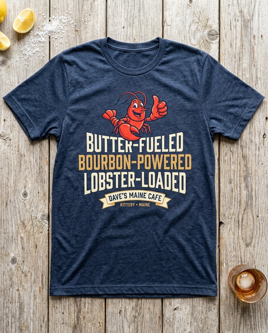 Dave's Maine Cafe slogan t-shirt — navy tee with lobster mascot